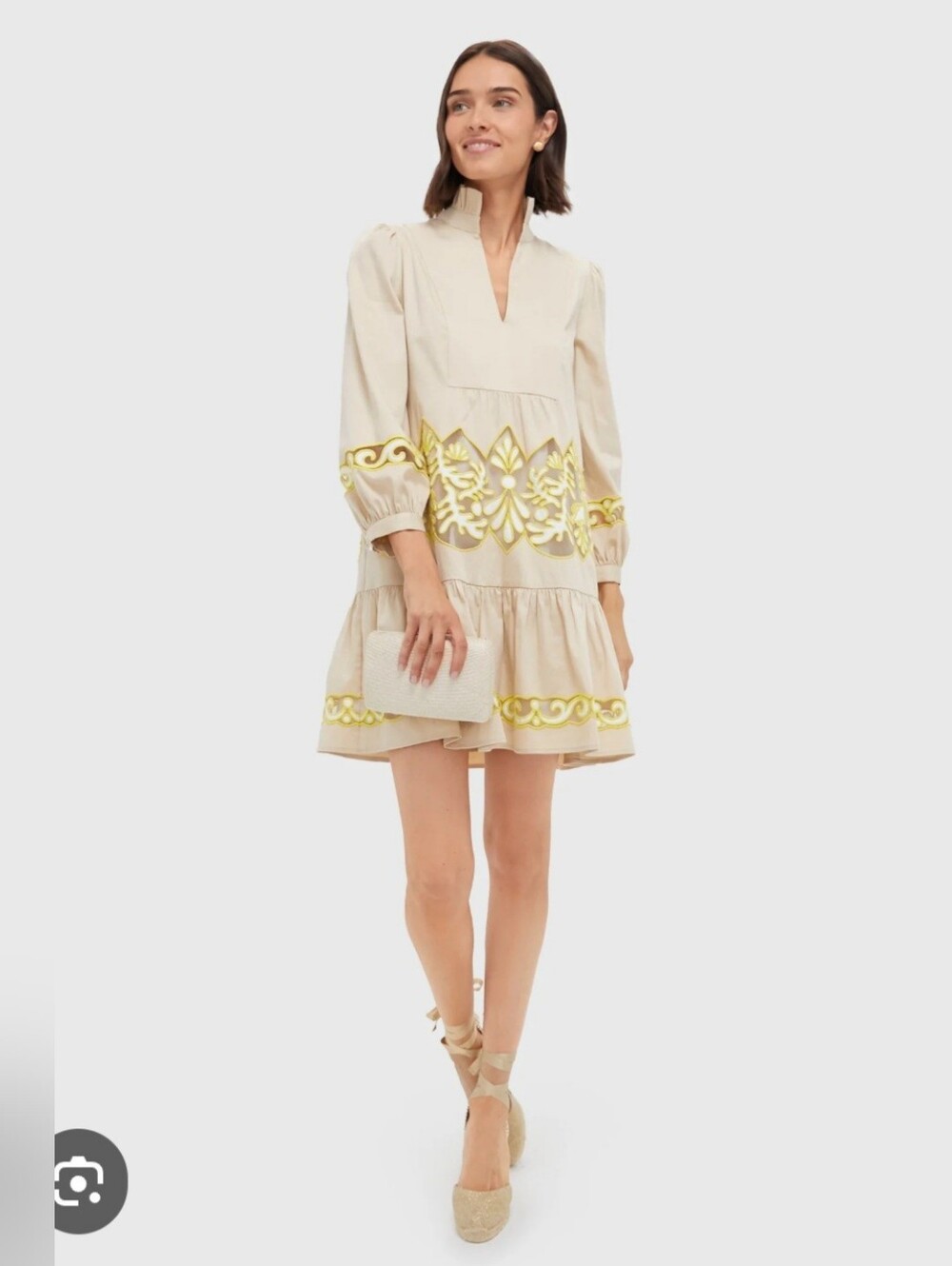 Tuckernuck Beige Embroidered Shift Dress With Pockets‎ Long Sleeve XS